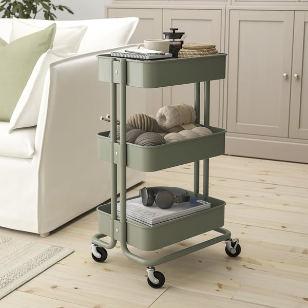 RÅSKOG Utility cart, gray-green, 35x45x77 cm