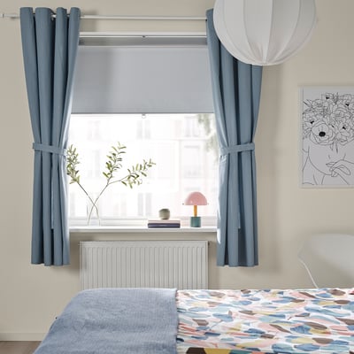 RITVA Curtains with tie-backs, 1 pair, gray-blue/with eyelets, 145x178 cm