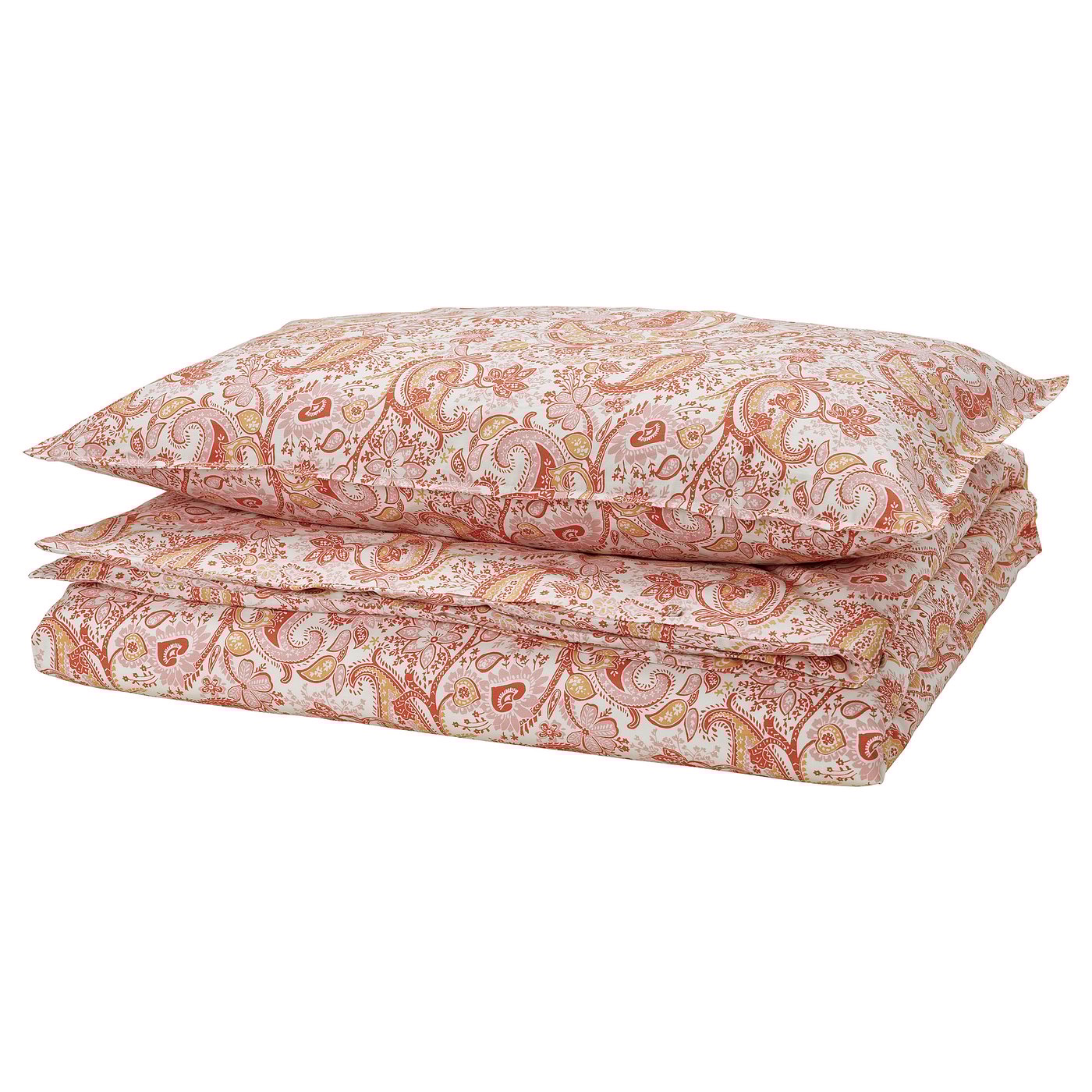 Clear, colourful paisley print bedding stack, red and orange hues, ornate patterns, rectangle shape.
