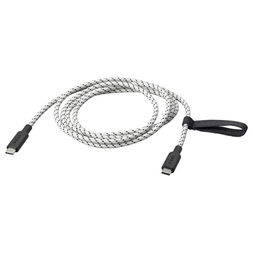 A grey and white usb-c cable, named RUNDHULT, made of durable textile with rubber connectors, designed for charging laptops and tablets.