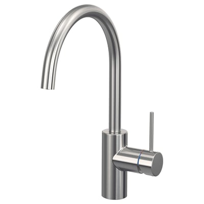 A SALLSJÖN stainless steel kitchen tap with a sleek, curved design and a cylindrical handle.