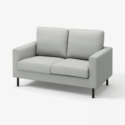 Modern grey fabric loveseat with boxy design and wooden legs.