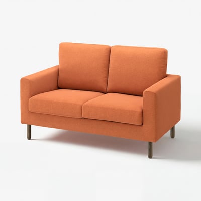 Bright orange loveseat with minimalist design and wooden legs.