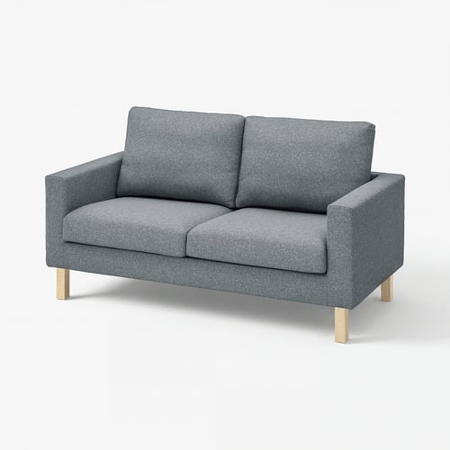 A grey SALTSJÖBADEN loveseat with wooden legs and a modern design.