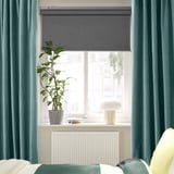 SANELA Curtains, 1 pair, dark gray-turquoise/with heading tape, 140x250 cm