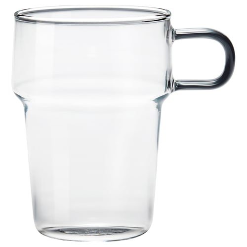 SKINNFISK glass, clear, transparent with handle, stackable, made of heat-resistant tempered glass.