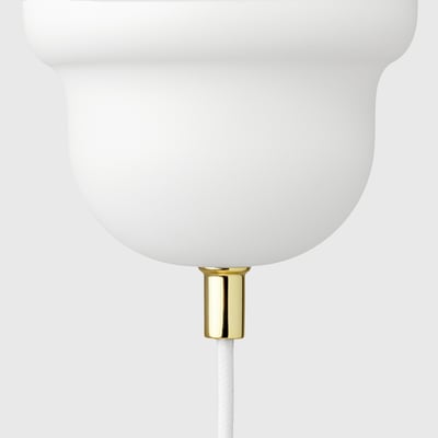 Ceramic pendant lamp with gold detail, hanging cord, quality craftsmanship.