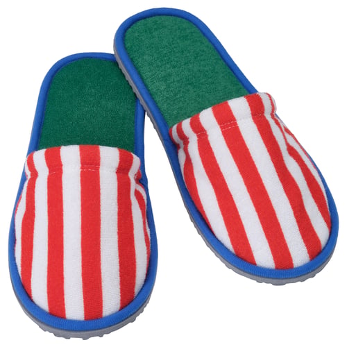 Red and white striped slippers with blue trim and green inner soles.