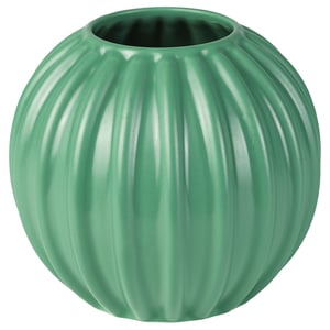 A green SKOGSTUNDRA vase, designed by ehlén johansson, with a ribbed stoneware texture, in a spherical shape, and a glazed finish.