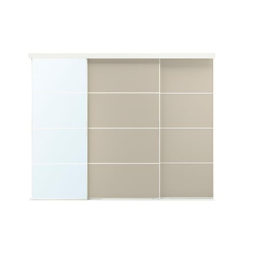 SKYTTA closet: modern, light beige, sliding door wardrobe with glass and laminate panels, minimalist design.