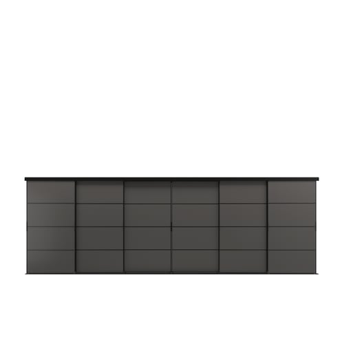 A SKYTTA black sliding door storage unit with multiple panels, featuring a sleek, modern design from IKEA.