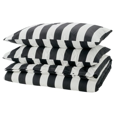 SLÅNHÖSTMAL Duvet cover and pillowcase(s), black/white/stripe, 200x200/50x80 cm