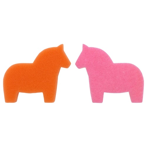 Two colourful sponges shaped like dala horses, bright orange and pink, soft and coarse sides for dish cleaning.