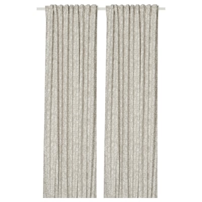 SNÖRUTA Curtains, 1 pair, light grey-beige white/floral pattern with heading tape, 145x250 cm