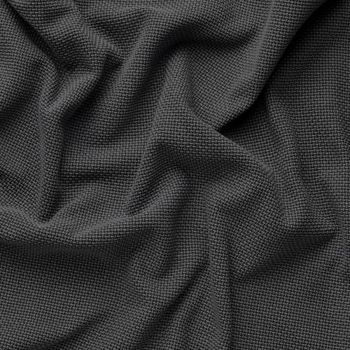 Close-up of finely woven dark grey fabric, showcasing intricate texture and high-quality craftsmanship.