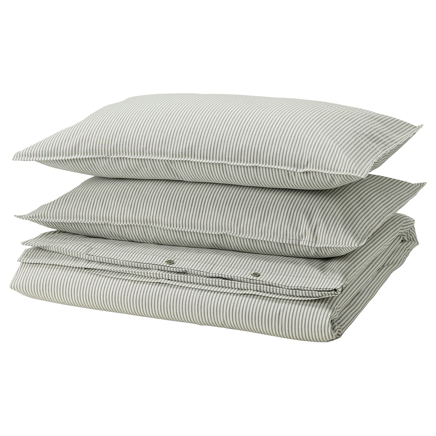 Three stacked SOLFIBBLA pillows, green-gray striped, rectangular with zip, 100% cotton.