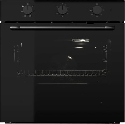 Black, modern oven with sleek frame and smoked glass door, control knobs on top.