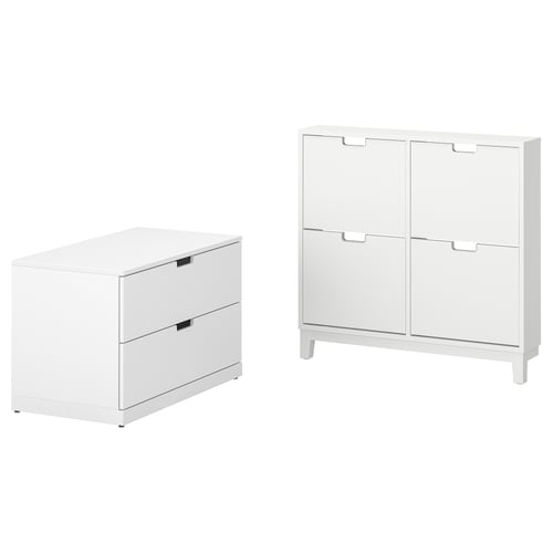 Two white furniture pieces from the STÄLL collection: a 2-drawer chest and a 4-compartment shoe cabinet, both with clean, modern designs.