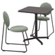 Small square dining table with two light green upholstered chairs, black metal frames. Modern, minimalist design.