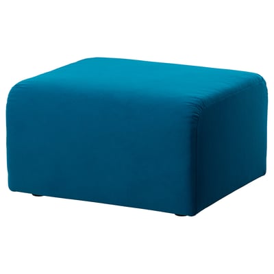 Bright blue, square-shaped, soft ottoman with sleek design. Perfect for cosy seating or extra leg rest.