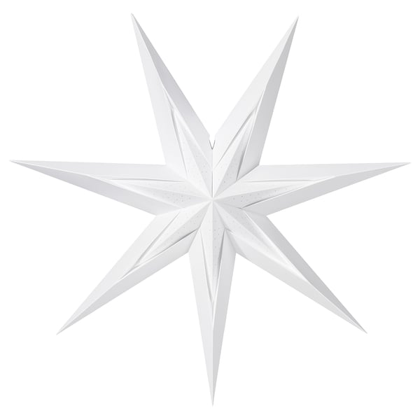 STRÅLA white star-shaped lamp, crafted from paperboard, polycarbonate and stainless steel, emitting soft light.
