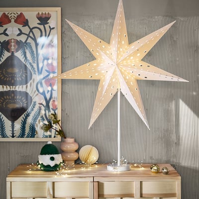 STRÅLA Lamp shade, paper star/with hole pattern white, 70 cm