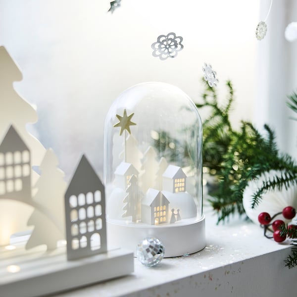 STRÅLA LED table decoration, battery operated dome/village white, 18 cm