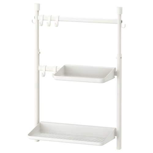 The white SUNNERSTA wall-mounted storage rack two shelves, hooks, and a minimalist design.