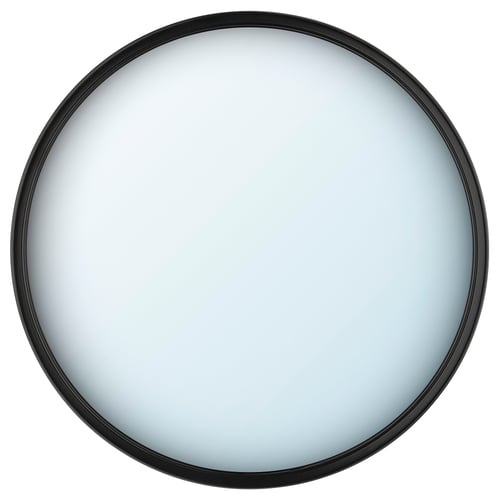 Round black-framed mirror with sleek design.