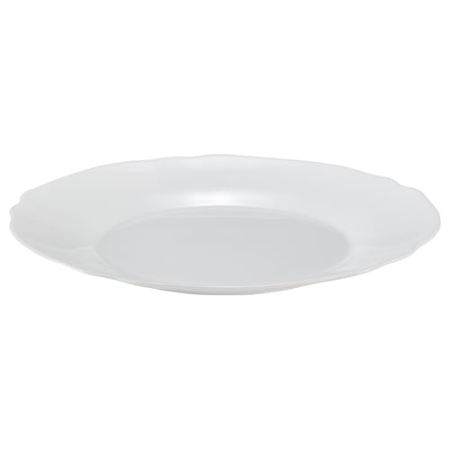 SVENSKMÅLLA: white, round plate with wavy edges, made of tempered glass. Elegant, simple design, perfect for any meal.