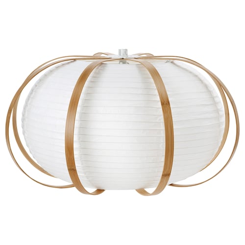 Depicts a TAGGTOFS white pendant lamp with bamboo ribs and a rice paper shade, featuring a modern floating design.