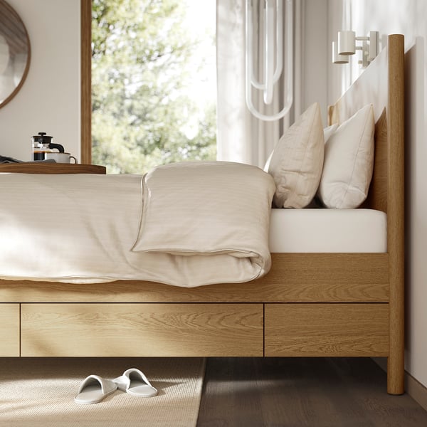 TONSTAD Bed frame with storage, oak veneer, 150x200 cm