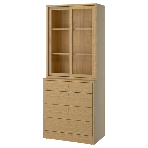 Tall wooden cabinet with glass doors and drawers, oak finish.