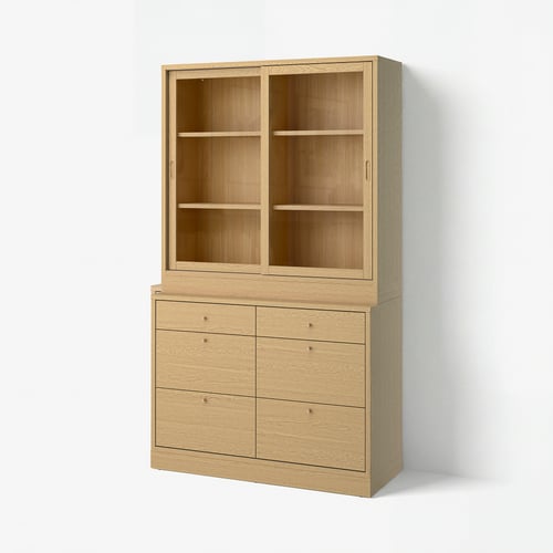 TONSTAD Storage combination with drawers, oak veneer/glass, 121x47x210 cm