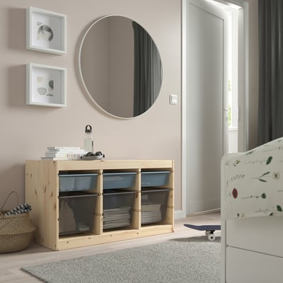 TROFAST Storage combination with boxes, light white stained pine gray-blue/dark gray, 93x44x53 cm