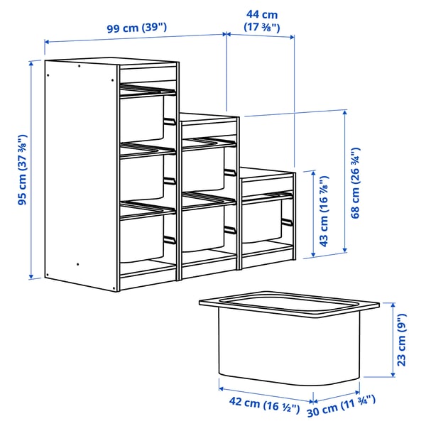 TROFAST Storage combination with boxes, white/gray-blue, 99x44x95 cm