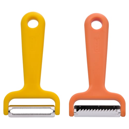 Two colourful UPPFYLLD peelers: yellow & orange, stainless steel blades.