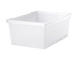 A white rectangular storage box made of plastic. It has no lid and is empty, ready for organising items.