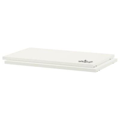 A single white UTRUSTA shelf made of melamine, rectangular in shape. It is designed for storage and has a smooth, scratch-resistant surface.