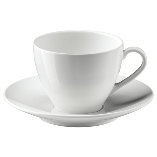 White VÄRDERA coffee cup & saucer, minimalist porcelain design with curved handle.
