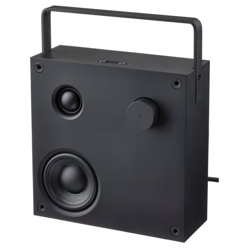 A black VAPPEBY bluetooth speaker with a rectangular shape, featuring two large speakers and a carry handle.