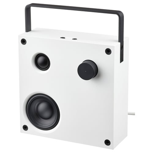 White VAPPEBY bluetooth speaker with black accents and metal handle.