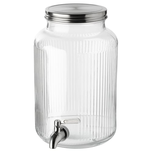 VARDAGEN: clear glass jar with metal spout, ribbed design, stainless steel lid, ideal for outdoor parties.