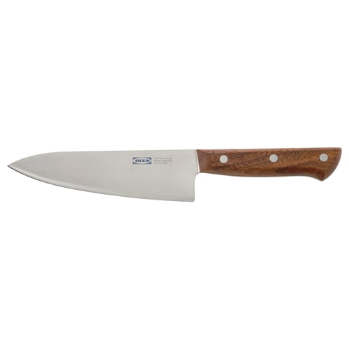 Ikea VARDAGEN knife, dark walnut handle, stainless steel blade, sharp tip, balanced design.