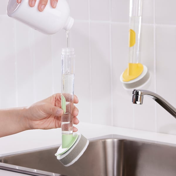 VIDEVECKMAL 3-piece dish sponge set w dispenser, light green