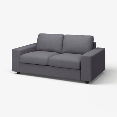 Grey VIMLE sofa, modern minimalist design with clean lines, plush cushions, low profile.