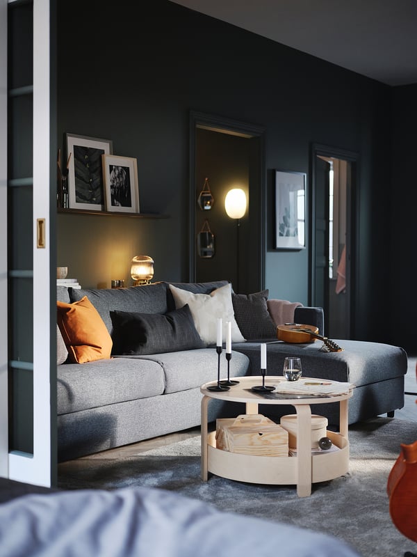 VIMLE Sleeper sofa with chaise, Gunnared medium gray