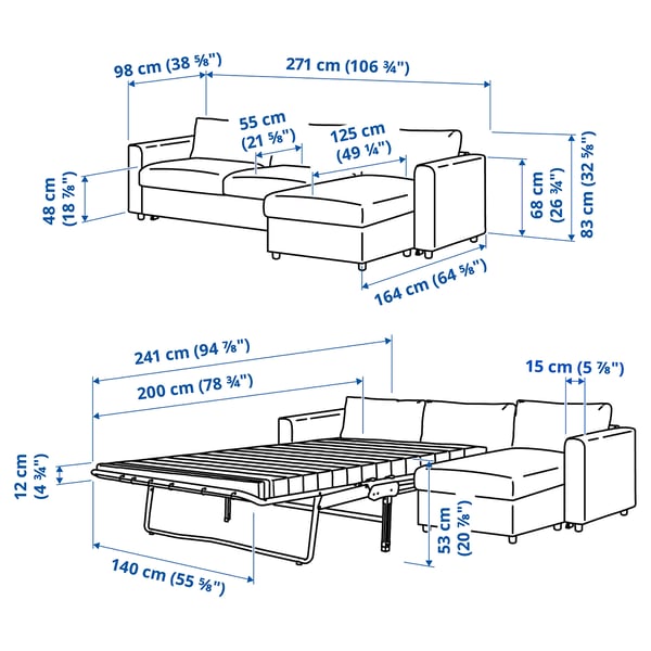VIMLE Sleeper sofa with chaise, Gunnared medium gray