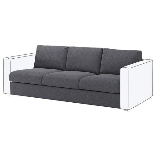 VIMLE grey sofa, modern design, three cushions, white legs, clean lines.