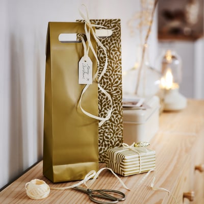 VINTERFINT Bottle gift bag, mixed patterns/gold, 13x41 cm